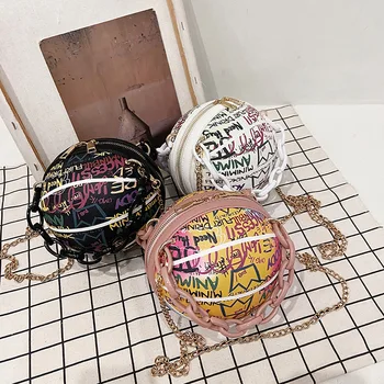 Graffiti Basketbal Tvar Kabelky Reťazca Ramenní Taška pre Ženy Móda Crossbody Taška Farebné Písmená Bežné Pu Kožené Peňaženky