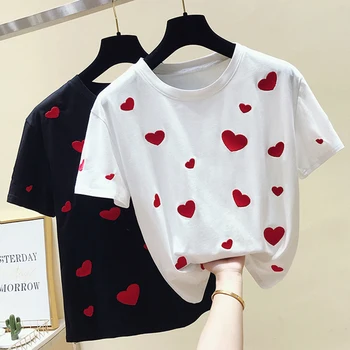 Červené srdce T-Shirt Žena Oblečenie Výšivky T Shirt Ženy 2019 Letné Tričko Žena Krátky Rukáv Bavlna Tee Tričko Femme harajuku