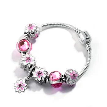 Kúzlo Náramok Zliatiny Zirkón Crystal Ružová Čerešňové Kvety Prívesok Fit Originálny Náramok Náramky Módne Európe Pulseras Šperky