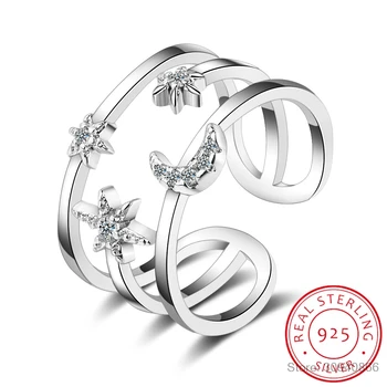 Reálne Čistý 925 Sterling Silver Crystal Moon Star Double Layer Prstene pre Ženy, Dámy a Strát Šperky, Svadobné Prst Prsteň