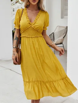 Svetlo Žltá Dlhé Letné Šaty pre Ženy 2021 Bežné Jar a v Lete Sexy Sundress Vysoký Pás Polovice Ženské Šaty