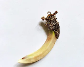 Čistej mosadze hlavy draka vykladané kanec Zub Prívesok, nádherné, remeslá, ornament, Zberateľskú prívesok