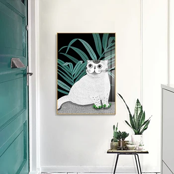 Home decor zelené rastliny Wall art plátno maľby zvierat Mačka Nástenné Plagáty pre deti Izba Umelecké Dekorácie, Obrázky, morden