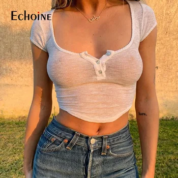 Echoine 2020 lete harajuku jednoduché biele slim fit, mäkká žena tričko croptop bežné streetwear žena čisto námestie golier tee top