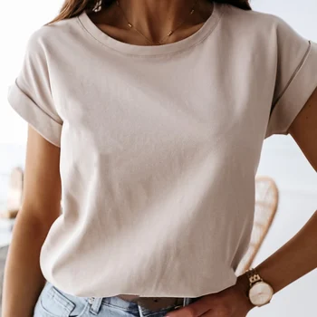 Bavlna Voľné dámske Tričká Biele O-krku Krátky Rukáv Žena Tshirts 2021 Lete Nové Príležitostné Streetwear Módy Top ženy