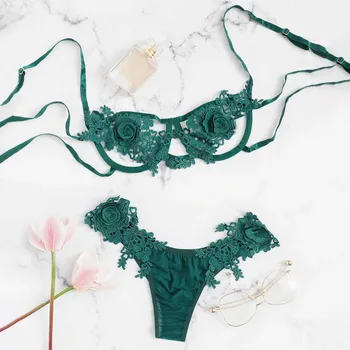 Zelené Kvetinové Postroj Appliques Čipky Sexy Lingerie Set Ženy Intimates 2019 Black Underwire Bielizeň Dámska Podprsenka Nastaviť