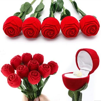 2 ks Hrnú Ruže Kvet Krúžok Box S Dlhým driekom Kvetinové Šperky Box Balenie Na Valentína Angažovanosť Pre Svadobný Dar