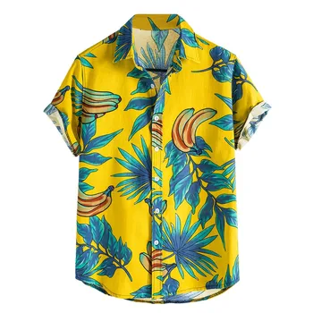 KLV mužov, blúzky, Bavlnená posteľná Bielizeň tunika pánske Krátke Rukáv mužské tričko Bežné Tlačené Havajské Košele, Blúzky