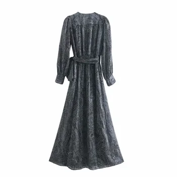 Nové dámske Čierne Tlačené Šaty tvaru Dlhý Dlhý Rukáv Vytlačené Pásu Za 2020 Žena Šaty Dámske Sexy Dlhé Šaty