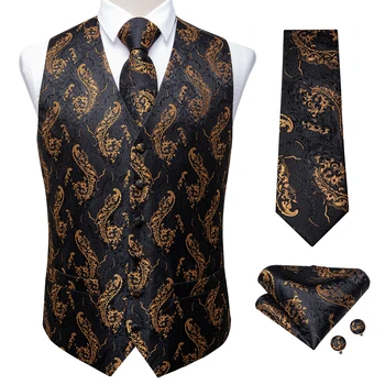 2020 Nové Módne pánske Oblek Vesta Zlato Paisley Black Silk Vesta bez Rukávov Formálne Business Bunda Šaty, Vesty Pre Mužov DiBanGu