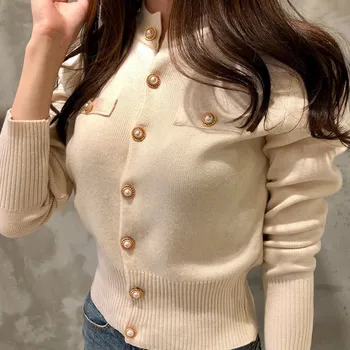 MUMUZI Tesný pletený sveter ženy jar nové krátke slim svetre retro dlhé rukávy bundy predné tlačidlá kabát cardigan