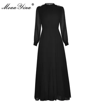 MoaaYina Módny Návrhár šaty Jeseň dámske Šaty Crystal Lištovanie Dlhý Rukáv, Čierna Elegantné Dlhé Šaty