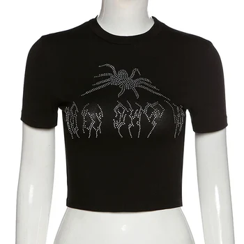 Punk Vintage Drahokamu Spider Grafické Čierne Tričko Mall Goth O-krku Krátky Rukáv Ostrihané Tričko Bežné Tees Streetwear 2021
