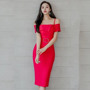 Mimo ramenný Jeden kus Dámy Červená Lete Kórea elegantný Krátky Rukáv Lomka Krku Office Bodycon Šaty pre ženy