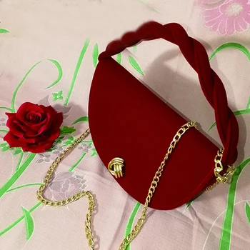 2019 Ženy vintage bag red Velvet kabelky pre dámy reťazca Taška cez Rameno Retro Sedlo taška Elegantného Pletená rukoväť Večera Kabelka