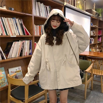 BF kórejský Elegantné Wild Voľné Bunda Ženy Bežné Vintage Kapucňou Bat Rukávy Kabáty a Bundy Žien na Plný Pevné Nadrozmerná Čipky
