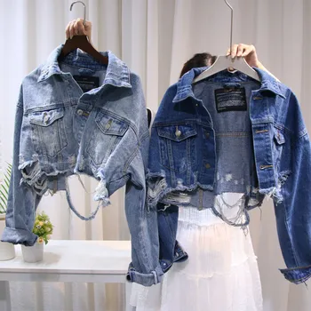Ženy Streetwear Módy Bundy 2019 Jeseň Modrá Roztrhlo Otvory Denim Jacket Vintage Krátke Kabáty Džínsy Harajuku Rozštiepené Bundy