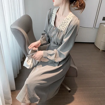 COIGARSAM Patchwork Ženy jednodielne šaty kórejský Nové Úplné Rukáv Pevné Šaty Čierna Šedá Zelená 5630