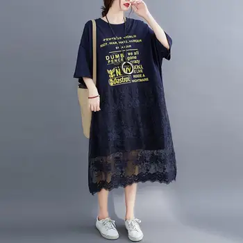 Plus Veľkosť Čipky T Shirt Letné Šaty 2020 kórejský Bavlna Voľné Dámske Šaty pre Ženy 4xl 5xl 6xl 7XL Nadrozmerné Tlač Midi Šaty