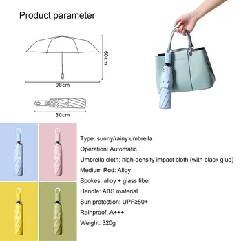 Zbrusu Nový 8K Automatické jednofarebné Dámske Dáždnik Dážď Ženy 360° Otáčanie Háku Rukoväť Parasol 3-skladacie Vetru slnečník