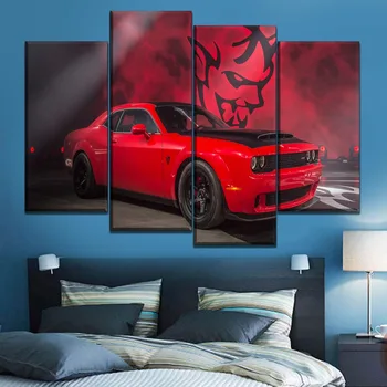 Červené Svalové Auto Dodge Challenger Maľovanie Zarámované Alebo Frameless Jedna Sada 5 Ks Modulárny Combinatorial Umenie Obrázok Plátno Typ Tlače