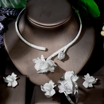 HIBRIDE Najnovší Luxusný 4pcs Dubaj Nigéria Vyhlásenie Šperky Set Pre Ženy, Micro CZ Pripraviť Náhrdelník Choker Nastaviteľný Krúžok SetN-1697