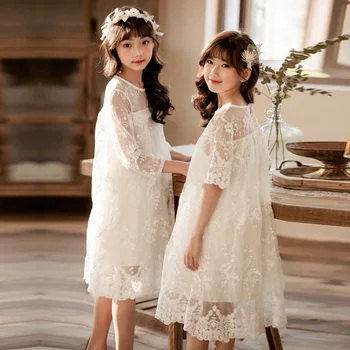 Dospievajúce Dievčatá Biele Čipky Roztomilý Šaty Dlhé a Krátke Rukáv Princezná Svadobné Party Šaty 2020 Lete Nové Deti Oblečenie 4-16Y