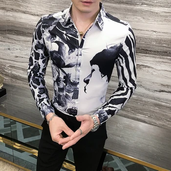 Kórejský Košele pre Mužov Módne 2020 Sexy Leopard Tlač Tričko s Dlhým Rukávom Mužov Slim Fit Streetwear/Prom/Strana Smoking Šaty 3XL-M