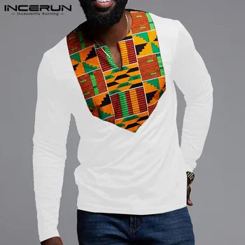 INCERUN Módne Afriky Oblečenie Mužov Tričko Tlač Patchwork Dlhý Rukáv Etnických V Krku Topy Afriky Dashiki T-shirts Mužov 2021