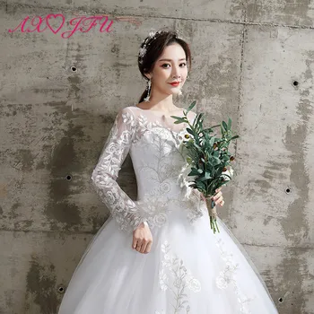 AXJFU princezná biely kvet čipky svadobné šaty plesové šaty, vintage o krk ilúziu, dlhý rukáv strany nevesty biele svadobné šaty