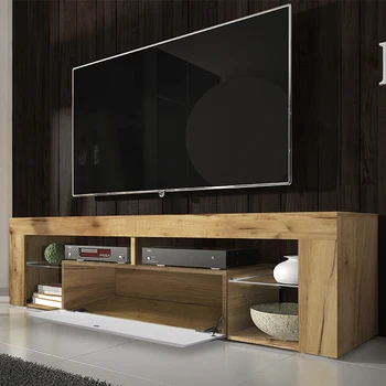 SELSEY BIANKO – Moderné TV Lowdoard TV Skrinka (140 cm, Lancaster Dub/Lesklý Biely Predný Panel, bez LED)