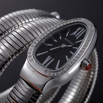 Nový Top Luxusné Značky Švajčiarsko BINGER Ženy Dámske Hodinky Quartz Hodinky Had Tvar Sapphire Nepremokavé náramkové hodinky B6900