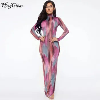 Hugcitar 2020 tie dye tlač farebné štrbinou dlho sexy šaty na jar ženy vysoká krku Vianočný večierok oblečenie, streetwear šaty