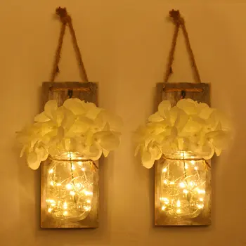 2 Pack Americký Retro LED Drevo, Sklo keramickej nádoby Víla Svetlo Nástenné Svietidlá s Kvetinou pre Domáce Reštaurácia Chodby, Bar Stenu Decor
