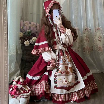 QWEEK Vianočné Lolita Šaty Kawaii Ženy, Nový Rok 2021 Sladké Čipky Prehrabať Patchwork Lístkového Šaty Dlhý Rukáv Červená Princezná Prehoz