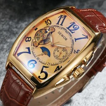 SEWOR Luxusné Zlaté Hodinky Tourbillon Mon Fáze Malé Sekúnd Kožený Remienok Automatické Mechanické náramkové hodinky Relogio Masculino