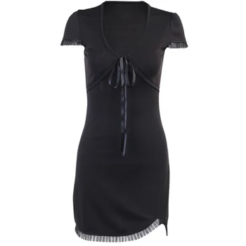 InstaHot strapec gotický mini šaty s krátkym rukávom letné ženy black aysmmetric čipky v krku strany klubu bežné ženské šaty 2020