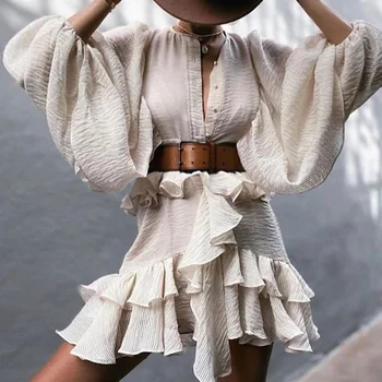 Jeseň V Krku Dlhý Rukáv Ženy Šaty 2020 Bežné Elegantné Voľné A-Line Party Šaty Dámske Vintage Pevné Plážové Šaty Vestidos