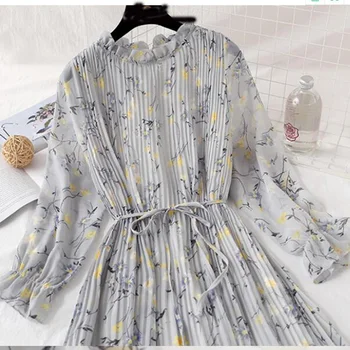 Ženy Dlhé Šaty 2019 Jar Leto Vintage Kvetinový Tlač Skladaný Šifón Šaty s Dlhým rukávom Voľné Plus Veľkosť Šaty Vestidos