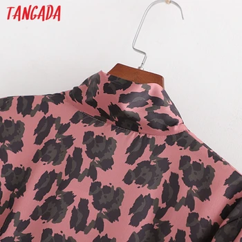 Tangada 2021 Módne Ženy Ružová Leopard Tlač Tričko Šaty Luk Krku Volánikmi Dlhý Rukáv Dámske Midi Šaty 1D78