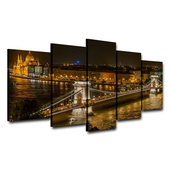 Modulárny Vintage Noc Zobrazenie Obrázkov 5 Panel Maďarsko Mesto Domova Obrazy Na Plátne Most Múr Umenia Pre Obývacia Izba HD Tlač