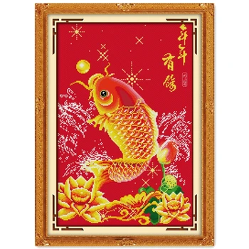 Ryby lotus Požehnanie šťastie cross stitch auta Čínske slovo aida 14ct 11ct počítať červené plátno výšivky HOBBY ručné vyšívanie