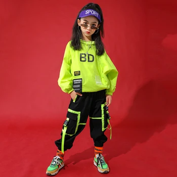 Hip Hop Oblečenie pre Deti, Tanečné Kostýmy Zimné Neon Zelená Dlhý Rukáv Vyhovovali Jazz Street Wear Deň Detí Hip Hop Kostým