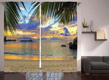 Tropické Záclony Exotické Pláže v západe slnka Havaj Palmy Lístie Idylické Letnej Prírody, Obývacej Izby, Spálne, Okno Závesy