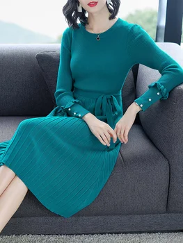 JXMYY pletené šaty žien 2020 jesenné a zimné nové elegantné slim mid-dĺžka nad kolená base sveter šaty ženy