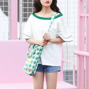 Kórejský Lete Ženy Top Lomka Krku Svetlice Rukáv Žena T-Shirt Bavlnená posteľná Bielizeň Sladké Dievča Tee Tričko