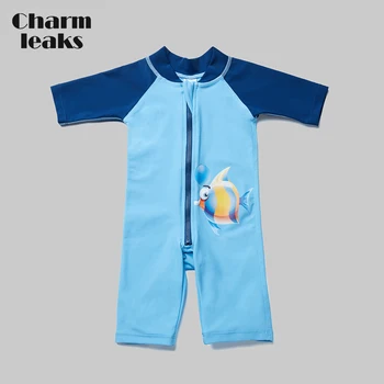 Charmleaks One-Piece Baby Boy je na Zips Plavky Deti Rashguard Plavky Dieťa Krátky Rukáv Vyrážka Stráže UPF 50+ Plážové oblečenie