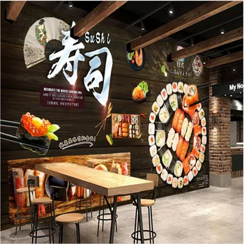 Vlastné Čierna drevená Doska Rekonštrukcia Steny Papier 3D Japonské sushi Reštaurácia Priemyselné Dekor Nástenné Maľby, 3D Foto Tapety