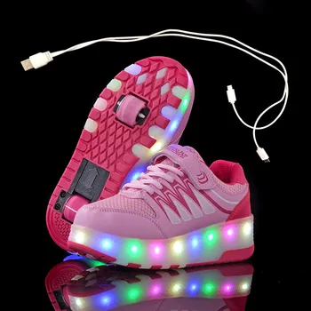 Dve Kolesá, Ružové a Modré Tenisky USB Nabíjanie Led Svetlo Valca Skate Topánky pre Deti Deti Topánky Chlapci Dievčatá Topánky rozsvieti Unisex