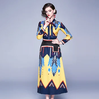 Banulin 2019 Módne Dráhy Jeseň Šaty dámske Dlhý Rukáv Luk Krku Multicolor Kvetinový Tlač Midi Elegantné Vintage Šaty